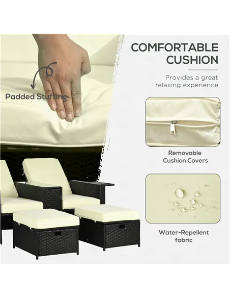 Outsunny 5PC PE Rattan Sun Lounger, Outdoor Wicker 5-level Adjustable Recliner Sofa Bed with Storage Side Table and Footstools, 