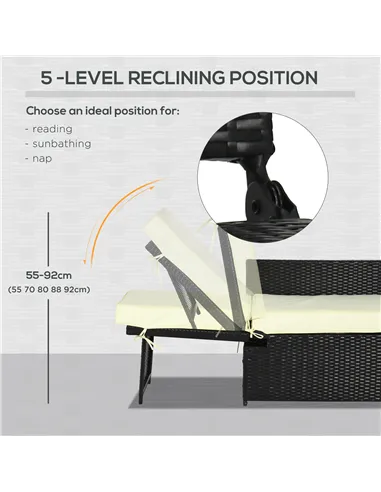 Outsunny 5PC PE Rattan Sun Lounger, Outdoor Wicker 5-level Adjustable Recliner Sofa Bed with Storage Side Table and Footstools, 