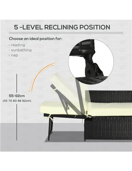 Outsunny 5PC PE Rattan Sun Lounger, Outdoor Wicker 5-level Adjustable Recliner Sofa Bed with Storage Side Table and Footstools, 