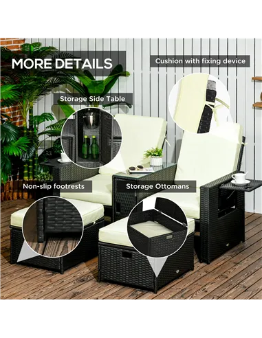 Outsunny 5PC PE Rattan Sun Lounger, Outdoor Wicker 5-level Adjustable Recliner Sofa Bed with Storage Side Table and Footstools, 