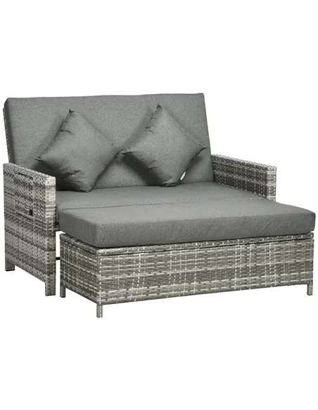 Outsunny Rattan Garden Daybed, Assembled Double Sun Lounger with 5-Level Adjustable Back, Storage Ottoman, Cushions, Pillows and
