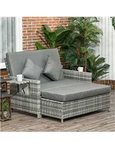 Outsunny Rattan Garden Daybed, Assembled Double Sun Lounger with 5-Level Adjustable Back, Storage Ottoman, Cushions, Pillows and 2