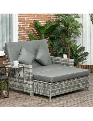 Outsunny Rattan Garden Daybed, Assembled Double Sun Lounger with 5-Level Adjustable Back, Storage Ottoman, Cushions, Pillows and