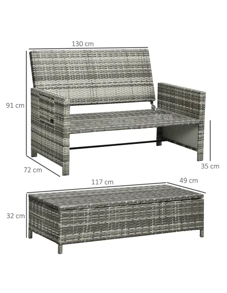 Outsunny Rattan Garden Daybed, Assembled Double Sun Lounger with 5-Level Adjustable Back, Storage Ottoman, Cushions, Pillows and