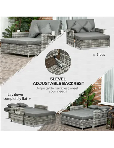 Outsunny Rattan Garden Daybed, Assembled Double Sun Lounger with 5-Level Adjustable Back, Storage Ottoman, Cushions, Pillows and