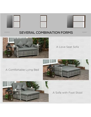 Outsunny Rattan Garden Daybed, Assembled Double Sun Lounger with 5-Level Adjustable Back, Storage Ottoman, Cushions, Pillows and