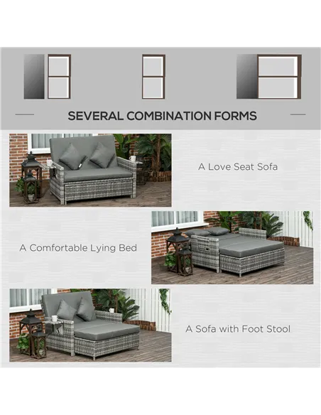 Outsunny Rattan Garden Daybed, Assembled Double Sun Lounger with 5-Level Adjustable Back, Storage Ottoman, Cushions, Pillows and