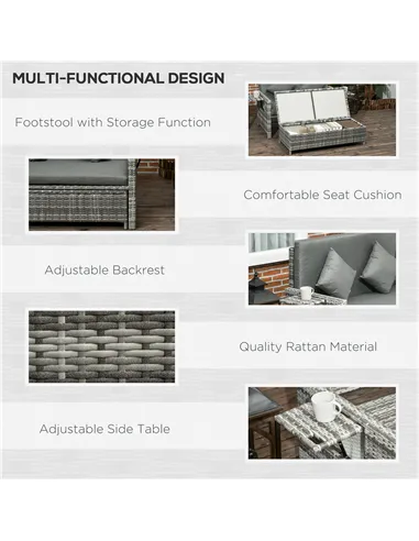 Outsunny Rattan Garden Daybed, Assembled Double Sun Lounger with 5-Level Adjustable Back, Storage Ottoman, Cushions, Pillows and