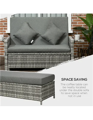 Outsunny Rattan Garden Daybed, Assembled Double Sun Lounger with 5-Level Adjustable Back, Storage Ottoman, Cushions, Pillows and