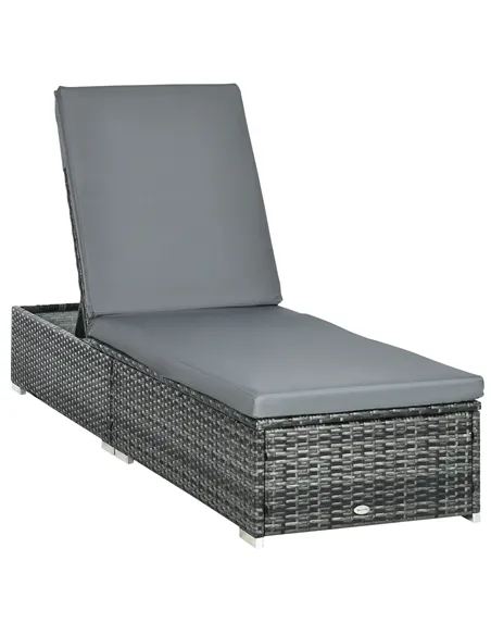 Outsunny PE Rattan Sun Lounger, Five-level Adjustable Recliner Bed Chair with Soft Padded Cushion for Patio, Garden, Mixed Grey