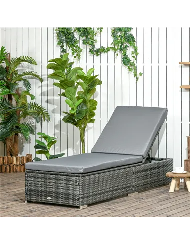 Outsunny PE Rattan Sun Lounger, Five-level Adjustable Recliner Bed Chair with Soft Padded Cushion for Patio, Garden, Mixed Grey