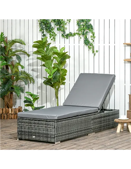 Outsunny PE Rattan Sun Lounger, Five-level Adjustable Recliner Bed Chair with Soft Padded Cushion for Patio, Garden, Mixed Grey