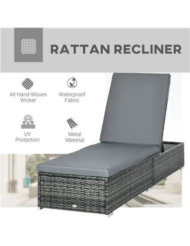 Outsunny PE Rattan Sun Lounger, Five-level Adjustable Recliner Bed Chair with Soft Padded Cushion for Patio, Garden, Mixed Grey