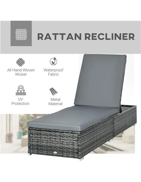 Outsunny PE Rattan Sun Lounger, Five-level Adjustable Recliner Bed Chair with Soft Padded Cushion for Patio, Garden, Mixed Grey
