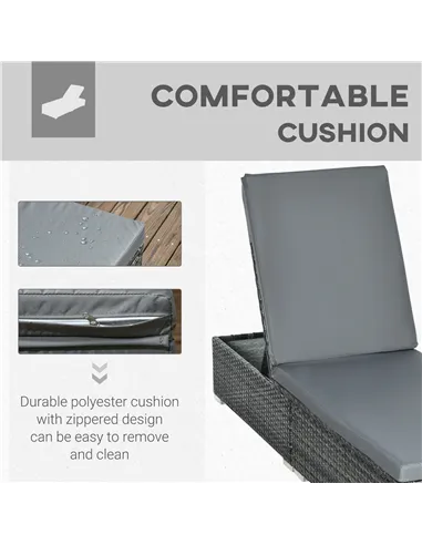 Outsunny PE Rattan Sun Lounger, Five-level Adjustable Recliner Bed Chair with Soft Padded Cushion for Patio, Garden, Mixed Grey