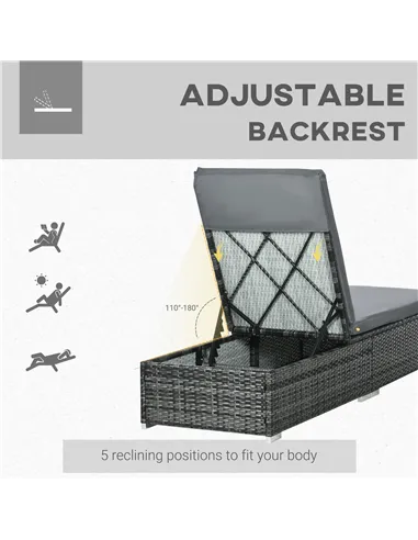 Outsunny PE Rattan Sun Lounger, Five-level Adjustable Recliner Bed Chair with Soft Padded Cushion for Patio, Garden, Mixed Grey