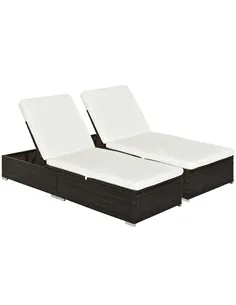 Outsunny PE Rattan Sun Lounger with Cushion, Outdoor Garden Sunbed Furniture with 5-Level Recliner Backrest, and Armrest, Set of