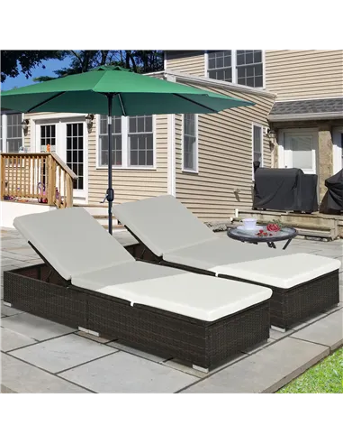 Outsunny PE Rattan Sun Lounger with Cushion, Outdoor Garden Sunbed Furniture with 5-Level Recliner Backrest, and Armrest, Set of