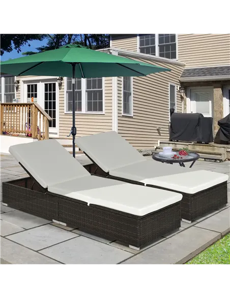 Outsunny PE Rattan Sun Lounger with Cushion, Outdoor Garden Sunbed Furniture with 5-Level Recliner Backrest, and Armrest, Set of