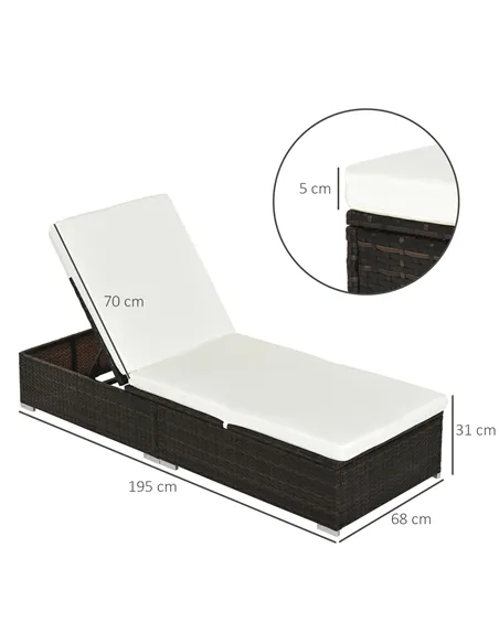Outsunny PE Rattan Sun Lounger with Cushion, Outdoor Garden Sunbed Furniture with 5-Level Recliner Backrest, and Armrest, Set of