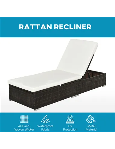 Outsunny PE Rattan Sun Lounger with Cushion, Outdoor Garden Sunbed Furniture with 5-Level Recliner Backrest, and Armrest, Set of