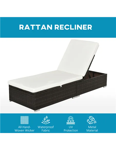 Outsunny PE Rattan Sun Lounger with Cushion, Outdoor Garden Sunbed Furniture with 5-Level Recliner Backrest, and Armrest, Set of