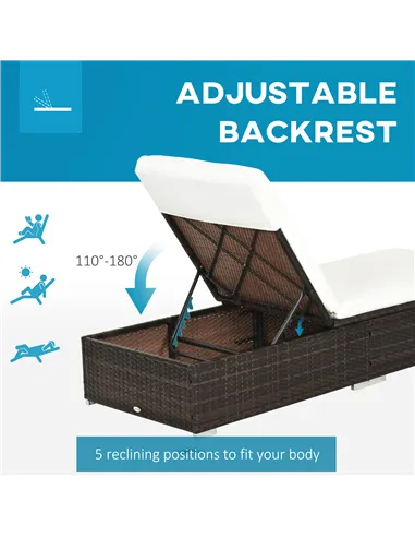 Outsunny PE Rattan Sun Lounger with Cushion, Outdoor Garden Sunbed Furniture with 5-Level Recliner Backrest, and Armrest, Set of