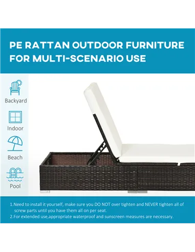 Outsunny PE Rattan Sun Lounger with Cushion, Outdoor Garden Sunbed Furniture with 5-Level Recliner Backrest, and Armrest, Set of