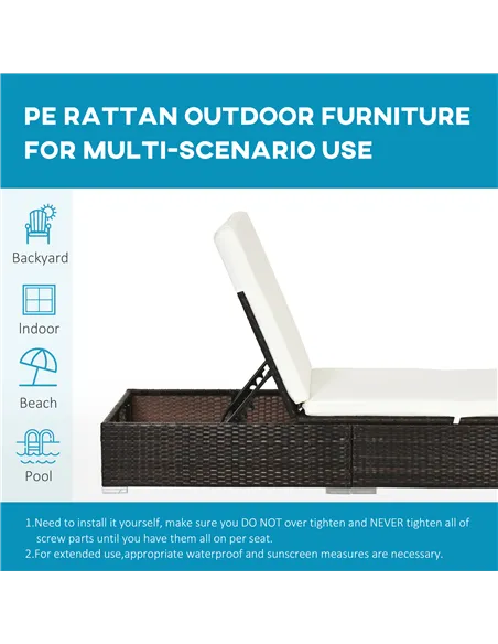 Outsunny PE Rattan Sun Lounger with Cushion, Outdoor Garden Sunbed Furniture with 5-Level Recliner Backrest, and Armrest, Set of
