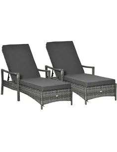 Outsunny PE Rattan Sun Loungers set of 2 with Cushion, Outdoor 2 Pieces Garden Sunbed Furniture with 4-Level Recliner Backrest, 
