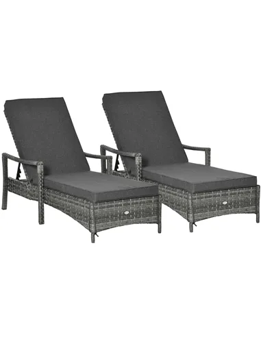 Outsunny PE Rattan Sun Loungers set of 2 with Cushion, Outdoor 2 Pieces Garden Sunbed Furniture with 4-Level Recliner Backrest, 