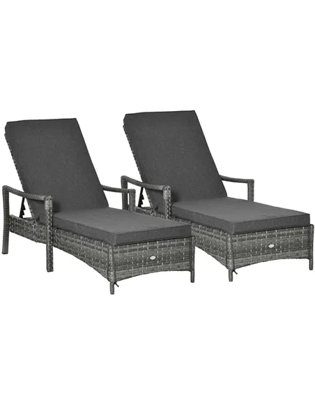 Outsunny PE Rattan Sun Loungers set of 2 with Cushion, Outdoor 2 Pieces Garden Sunbed Furniture with 4-Level Recliner Backrest, 
