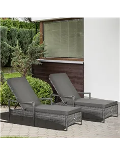 Outsunny PE Rattan Sun Loungers set of 2 with Cushion, Outdoor 2 Pieces Garden Sunbed Furniture with 4-Level Recliner Backrest,  2