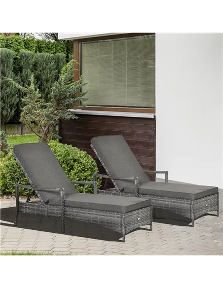 Outsunny PE Rattan Sun Loungers set of 2 with Cushion, Outdoor 2 Pieces Garden Sunbed Furniture with 4-Level Recliner Backrest, 