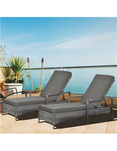 Outsunny PE Rattan Sun Loungers set of 2 with Cushion, Outdoor 2 Pieces Garden Sunbed Furniture with 4-Level Recliner Backrest, 