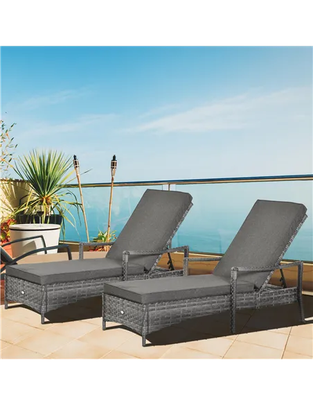 Outsunny PE Rattan Sun Loungers set of 2 with Cushion, Outdoor 2 Pieces Garden Sunbed Furniture with 4-Level Recliner Backrest, 