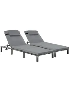 Outsunny 2 Pieces Outdoor PE Rattan Sun Loungers set of 2 with Cushion, Garden Wicker Sunbed Furniture with 5-Level Recliner Bac
