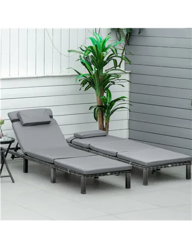 Outsunny 2 Pieces Outdoor PE Rattan Sun Loungers set of 2 with Cushion, Garden Wicker Sunbed Furniture with 5-Level Recliner Bac
