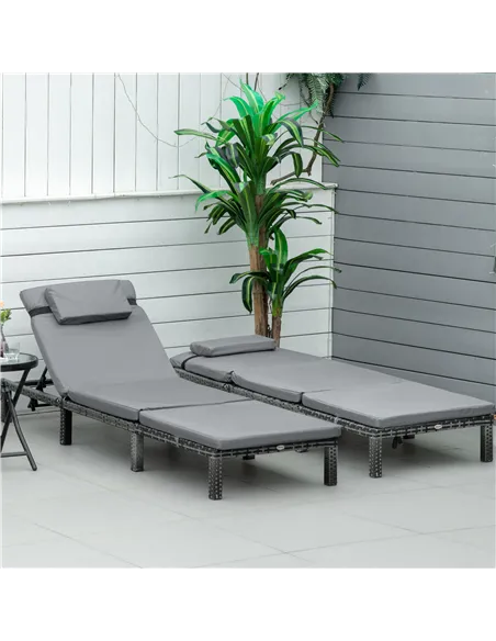 Outsunny 2 Pieces Outdoor PE Rattan Sun Loungers set of 2 with Cushion, Garden Wicker Sunbed Furniture with 5-Level Recliner Bac