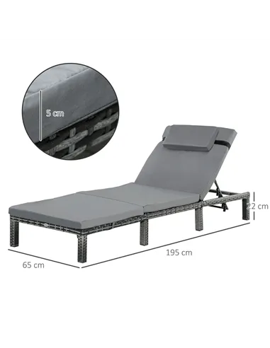 Outsunny 2 Pieces Outdoor PE Rattan Sun Loungers set of 2 with Cushion, Garden Wicker Sunbed Furniture with 5-Level Recliner Bac