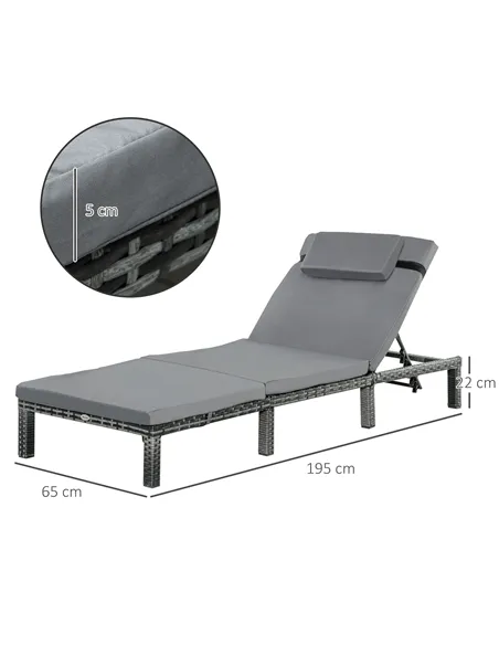 Outsunny 2 Pieces Outdoor PE Rattan Sun Loungers set of 2 with Cushion, Garden Wicker Sunbed Furniture with 5-Level Recliner Bac