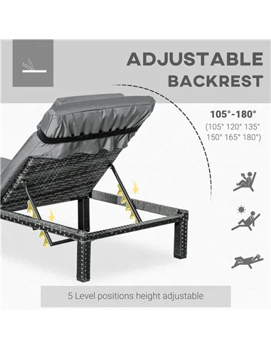 Outsunny 2 Pieces Outdoor PE Rattan Sun Loungers set of 2 with Cushion, Garden Wicker Sunbed Furniture with 5-Level Recliner Bac