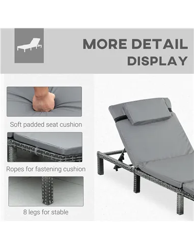 Outsunny 2 Pieces Outdoor PE Rattan Sun Loungers set of 2 with Cushion, Garden Wicker Sunbed Furniture with 5-Level Recliner Bac