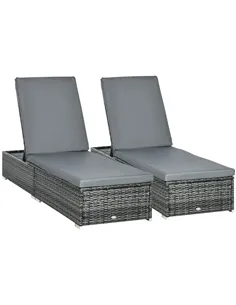 Outsunny PE Rattan Sun Loungers set of 2 with Cushion, Outdoor 2 Pieces Garden Sunbed Furniture with 5-Level Recliner Backrest, 