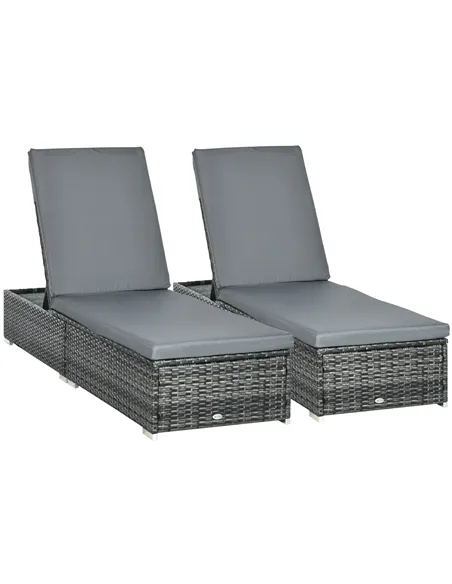 Outsunny PE Rattan Sun Loungers set of 2 with Cushion, Outdoor 2 Pieces Garden Sunbed Furniture with 5-Level Recliner Backrest, 