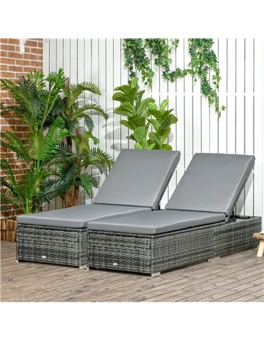 Outsunny PE Rattan Sun Loungers set of 2 with Cushion, Outdoor 2 Pieces Garden Sunbed Furniture with 5-Level Recliner Backrest, 