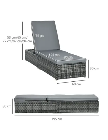 Outsunny PE Rattan Sun Loungers set of 2 with Cushion, Outdoor 2 Pieces Garden Sunbed Furniture with 5-Level Recliner Backrest, 