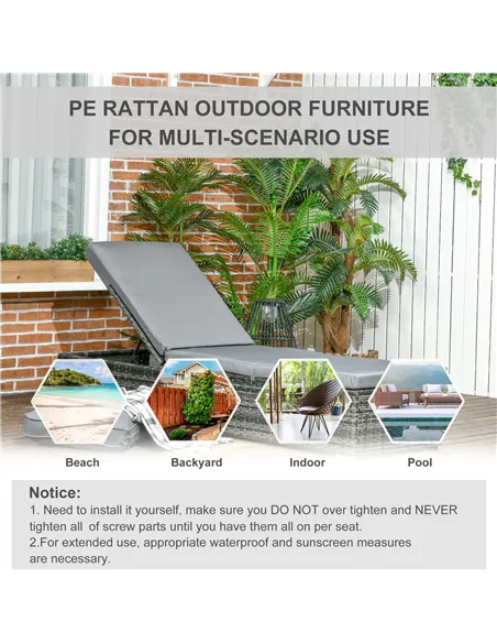 Outsunny PE Rattan Sun Loungers set of 2 with Cushion, Outdoor 2 Pieces Garden Sunbed Furniture with 5-Level Recliner Backrest, 