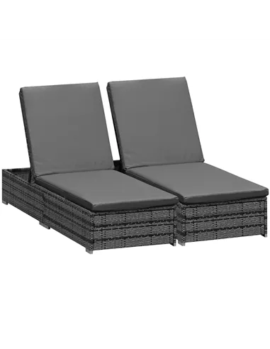 Outsunny PE Rattan Sun Loungers with Cushion, Outdoor Garden Sunbed Furniture with 5-Level Recliner Backrest, and Armrest, Set o