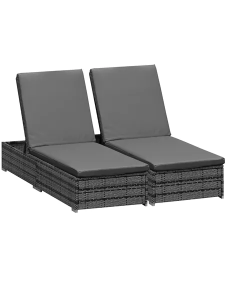 Outsunny PE Rattan Sun Loungers with Cushion, Outdoor Garden Sunbed Furniture with 5-Level Recliner Backrest, and Armrest, Set o